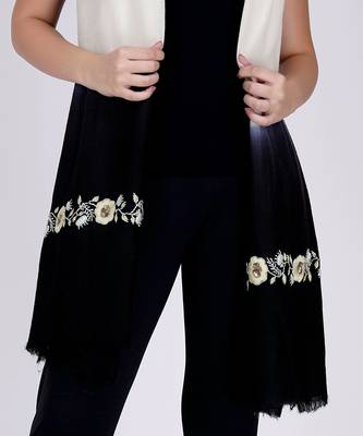 White And Navy Blue Hand Embroidered Colour Block Scarf 2