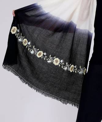 White And Navy Blue Hand Embroidered Colour Block Scarf 3