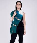 White And Teal Green Hand Embroidered Colour Block Scarf