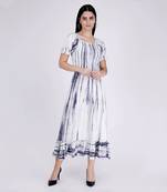 Indigo Tie Dye Smocking Long Dress With Frill