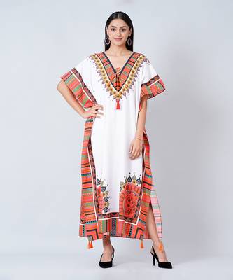 White And Pink Tribal Full Length Kaftan 1