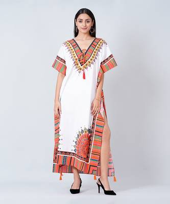 White And Pink Tribal Full Length Kaftan 2