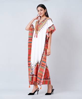 White And Pink Tribal Full Length Kaftan 3