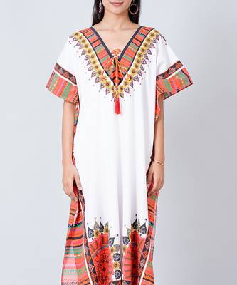 White And Pink Tribal Full Length Kaftan 5