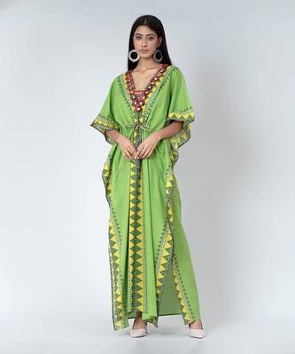 Green Tribal Full Length Kaftan With Mirror Lace 1