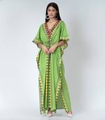 Green Tribal Full Length Kaftan With Mirror Lace
