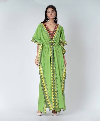 Green Tribal Full Length Kaftan With Mirror Lace 2