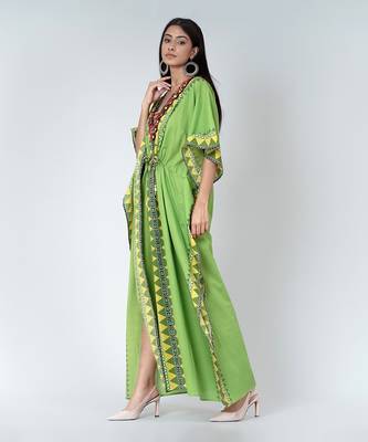 Green Tribal Full Length Kaftan With Mirror Lace 3
