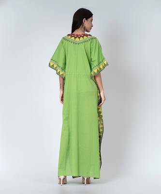 Green Tribal Full Length Kaftan With Mirror Lace 4