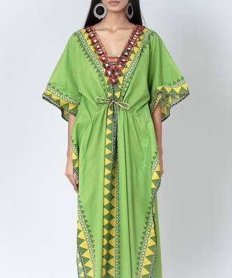 Green Tribal Full Length Kaftan With Mirror Lace 5
