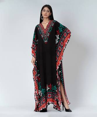 Black Mexican Print Embellished Silk Full Length Kaftan 1