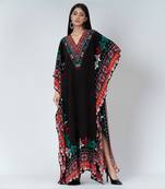 Black Mexican Print Embellished Silk Full Length Kaftan
