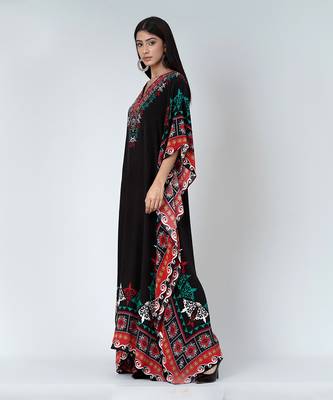 Black Mexican Print Embellished Silk Full Length Kaftan 2