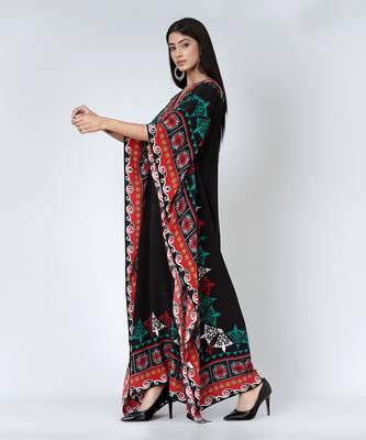 Black Mexican Print Embellished Silk Full Length Kaftan 3