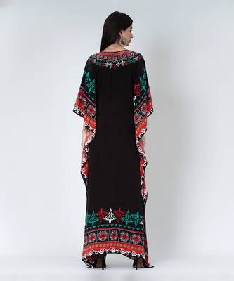 Black Mexican Print Embellished Silk Full Length Kaftan 4