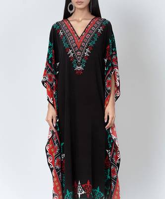 Black Mexican Print Embellished Silk Full Length Kaftan 5