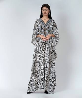 Beige Animal Print Embellished Silk Full Length Kaftan 1