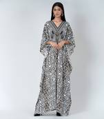 Beige Animal Print Embellished Silk Full Length Kaftan
