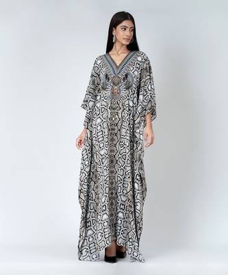 Beige Animal Print Embellished Silk Full Length Kaftan 2