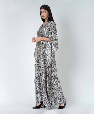 Beige Animal Print Embellished Silk Full Length Kaftan 3
