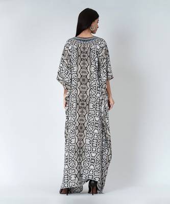 Beige Animal Print Embellished Silk Full Length Kaftan 4
