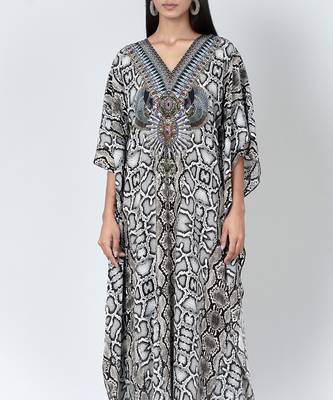 Beige Animal Print Embellished Silk Full Length Kaftan 5