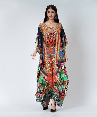 Black And Orange Abstract Embellished Silk Full Length Kaftan 1