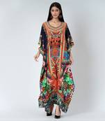 Black And Orange Abstract Embellished Silk Full Length Kaftan