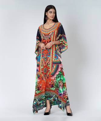 Black And Orange Abstract Embellished Silk Full Length Kaftan 2