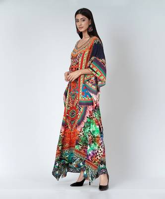 Black And Orange Abstract Embellished Silk Full Length Kaftan 3