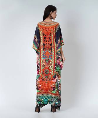 Black And Orange Abstract Embellished Silk Full Length Kaftan 4