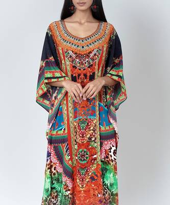 Black And Orange Abstract Embellished Silk Full Length Kaftan 5