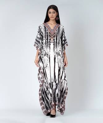 Black And White Animal Print Embellished Silk Full Length Kaftan 1
