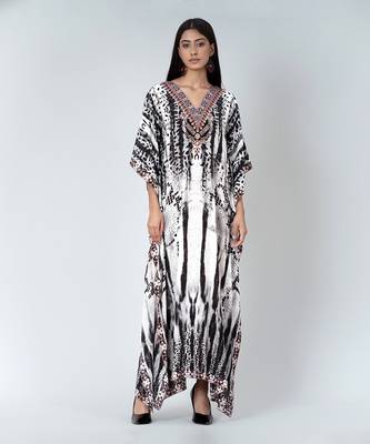 Black And White Animal Print Embellished Silk Full Length Kaftan 2