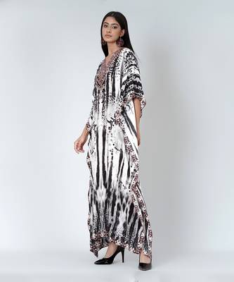 Black And White Animal Print Embellished Silk Full Length Kaftan 3