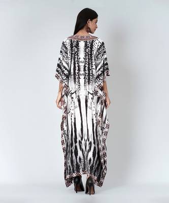 Black And White Animal Print Embellished Silk Full Length Kaftan 4