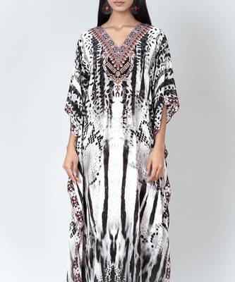 Black And White Animal Print Embellished Silk Full Length Kaftan 5