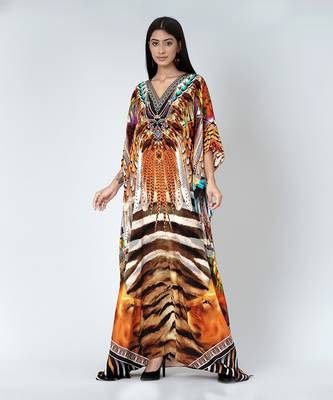 Brown And Black Tribal Print Embellished Silk Full Length Kaftan 1