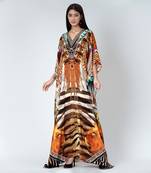 Brown And Black Tribal Print Embellished Silk Full Length Kaftan