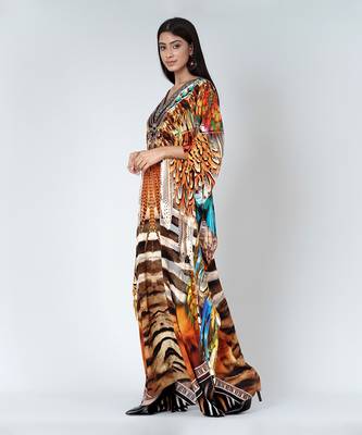 Brown And Black Tribal Print Embellished Silk Full Length Kaftan 2