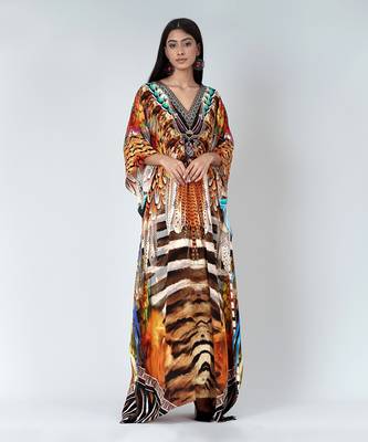 Brown And Black Tribal Print Embellished Silk Full Length Kaftan 3