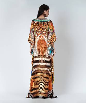 Brown And Black Tribal Print Embellished Silk Full Length Kaftan 4