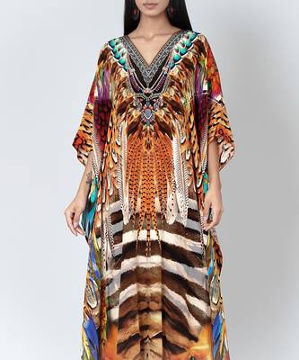 Brown And Black Tribal Print Embellished Silk Full Length Kaftan 5