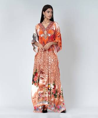 Burnt Orange And Brown Animal Print Embellished Silk Full Length Kaftan 1