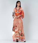 Burnt Orange And Brown Animal Print Embellished Silk Full Length Kaftan