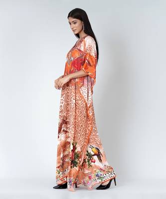 Burnt Orange And Brown Animal Print Embellished Silk Full Length Kaftan 2