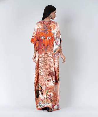Burnt Orange And Brown Animal Print Embellished Silk Full Length Kaftan 3