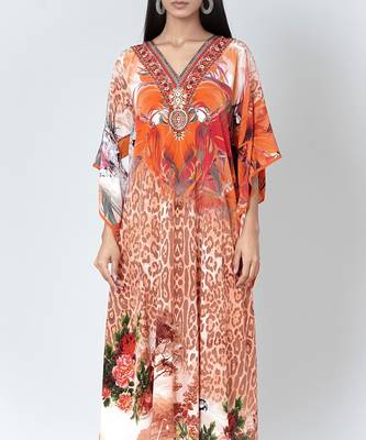 Burnt Orange And Brown Animal Print Embellished Silk Full Length Kaftan 4