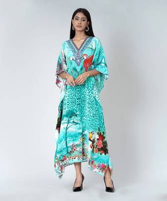 Turquoise Animal Print Embellished Silk Full Length Kaftan 1