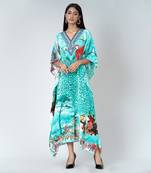 Turquoise Animal Print Embellished Silk Full Length Kaftan